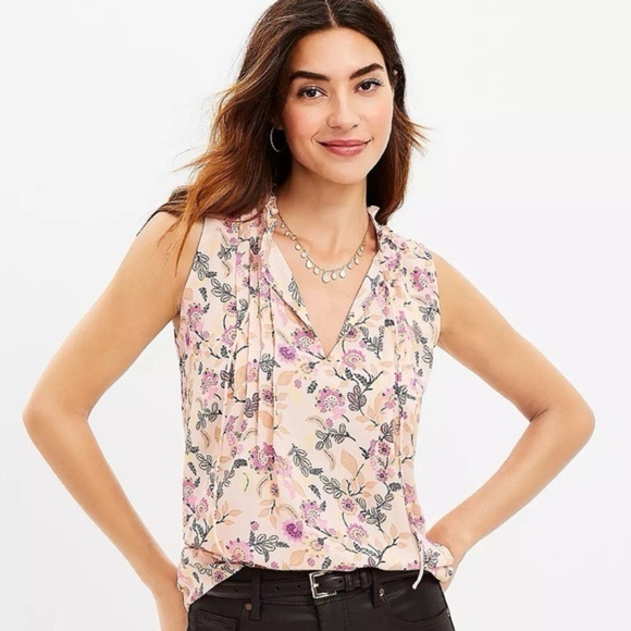 LOFT Tops - LOFT Floral Pintucked Ruffle Tie Neck Blouse Large